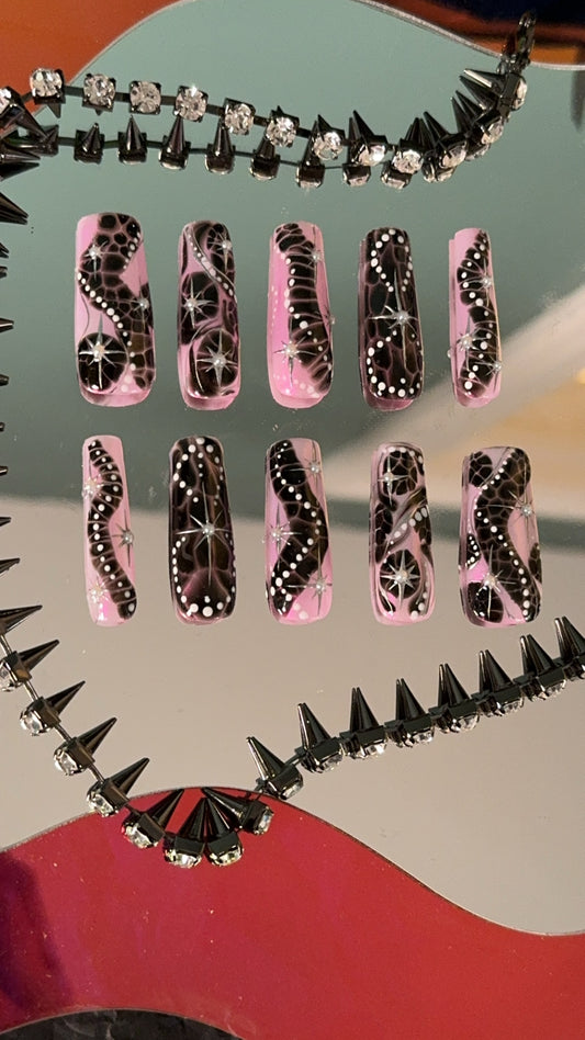 Pink and Black Blooming Swirls (Long Square, B Style)
